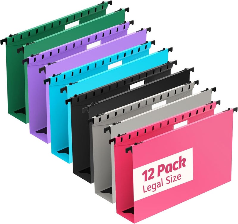 SHUTEX Extra Capacity Legal Size Plastic Hanging File Folders,12 Pack Reinforced Legal Size Hanging Folder with Heavy Duty 2 Inch Expansion,for Bulky Files, Medical Charts,Assorted Colors - Image 1
